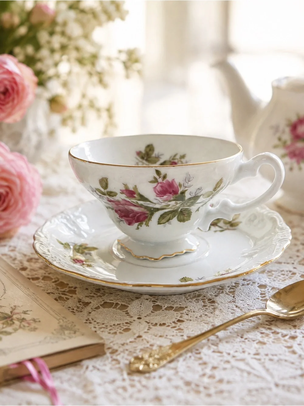 Vintage Cherry China Moss Rose Teacup and Saucer Set Gold Trim Made in Japan